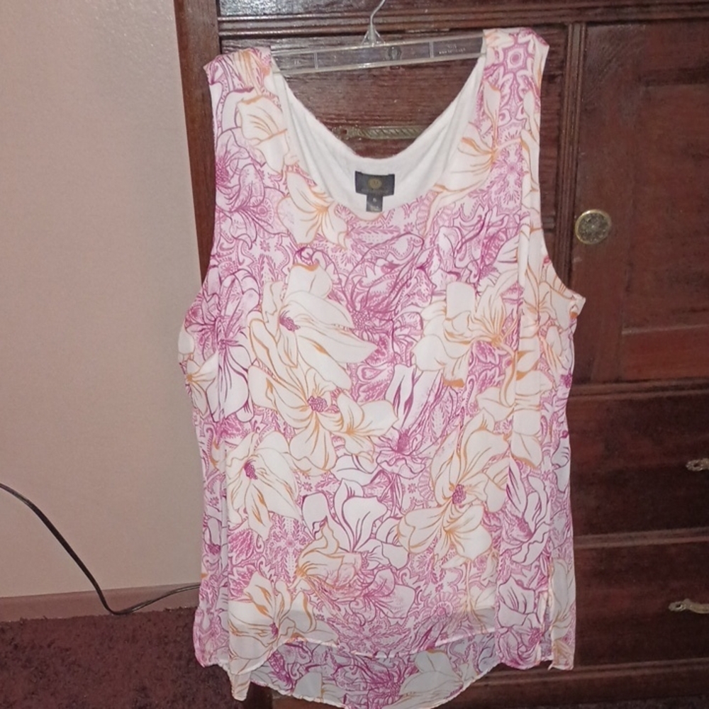 JM Collection Pink and Cream Floral Sleeveless Blouse
